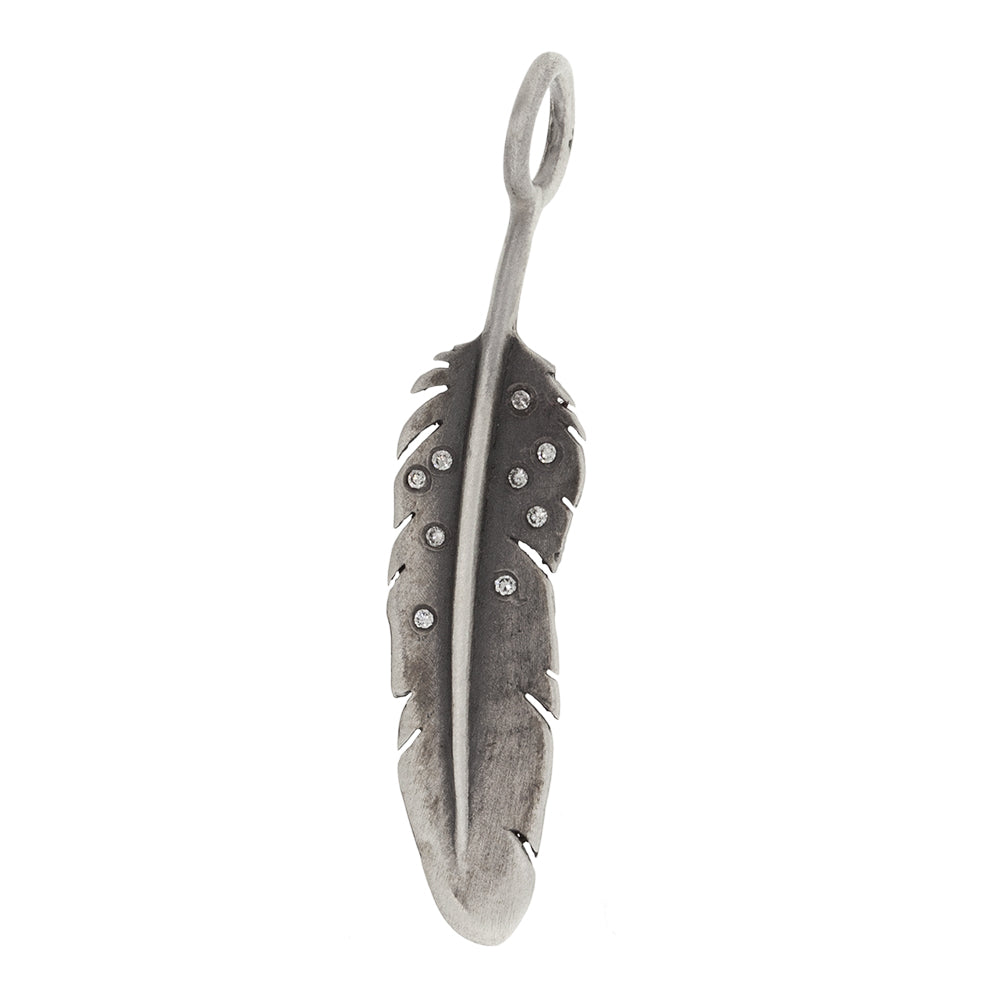Silver Patina Feather Charm with Diamonds