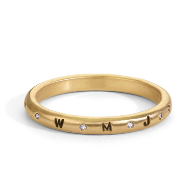 2.5mm Gold Initials Scroll Ring & Small Pavé Stack